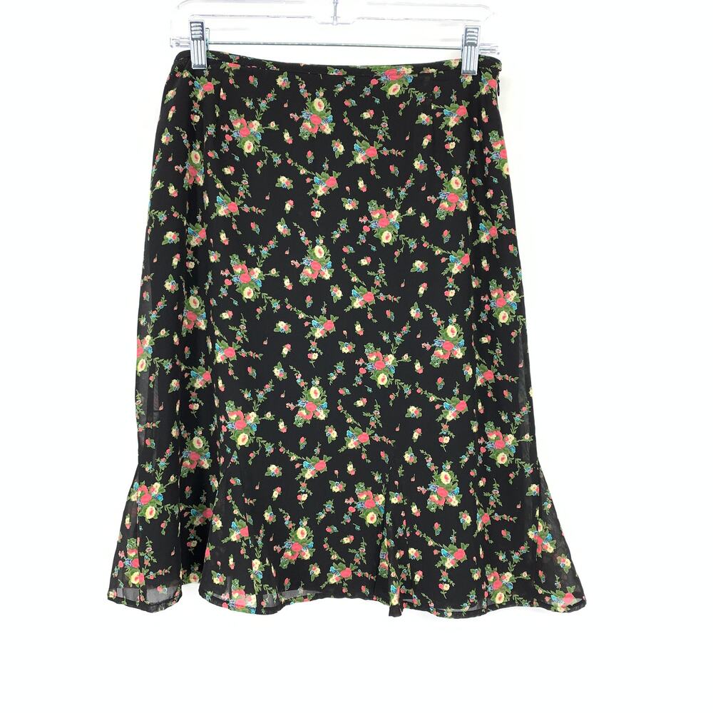 VTG 90s Casual Corner A-Line Skirt Womens Apx Sz 6 Black Floral Print Side Zip